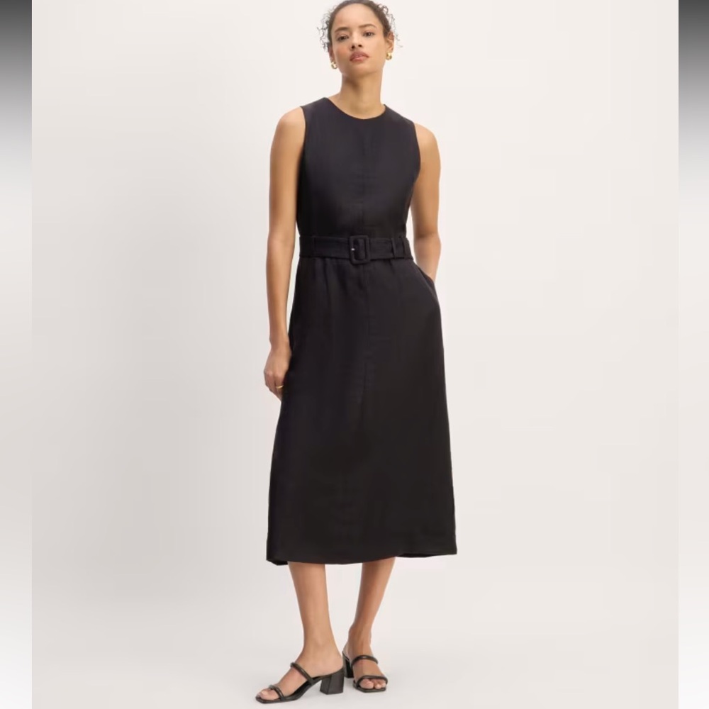 Everlane Linen Belted Midi Dress Sleeveless pockets Black NEW
